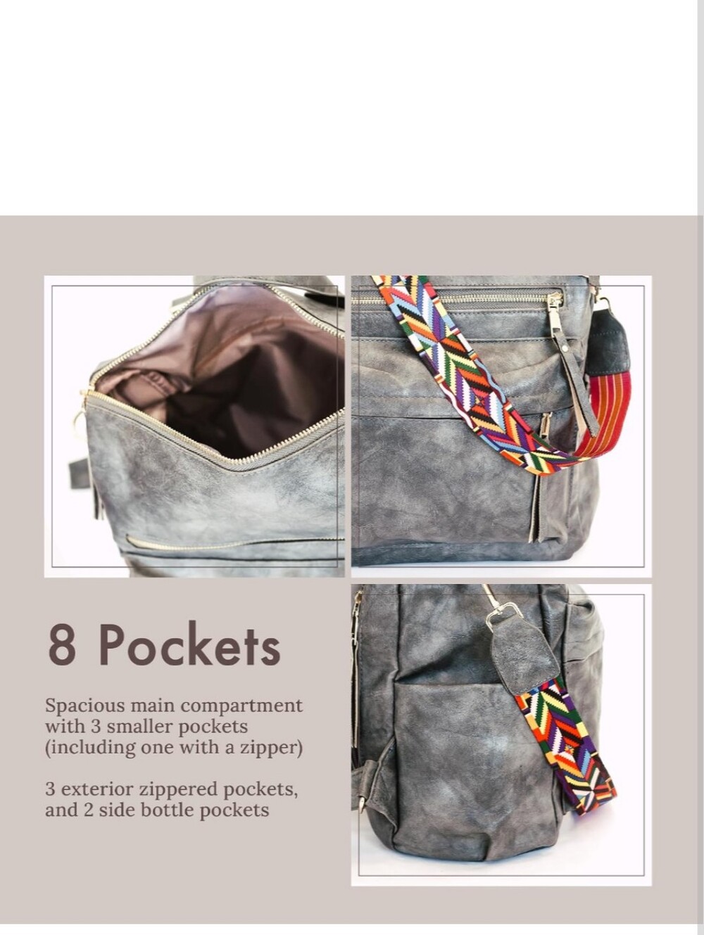 Modern+Chic Brielle Backpack Purse Convertible Bag Vegan Grey Removable Strap - Picture 10 of 11